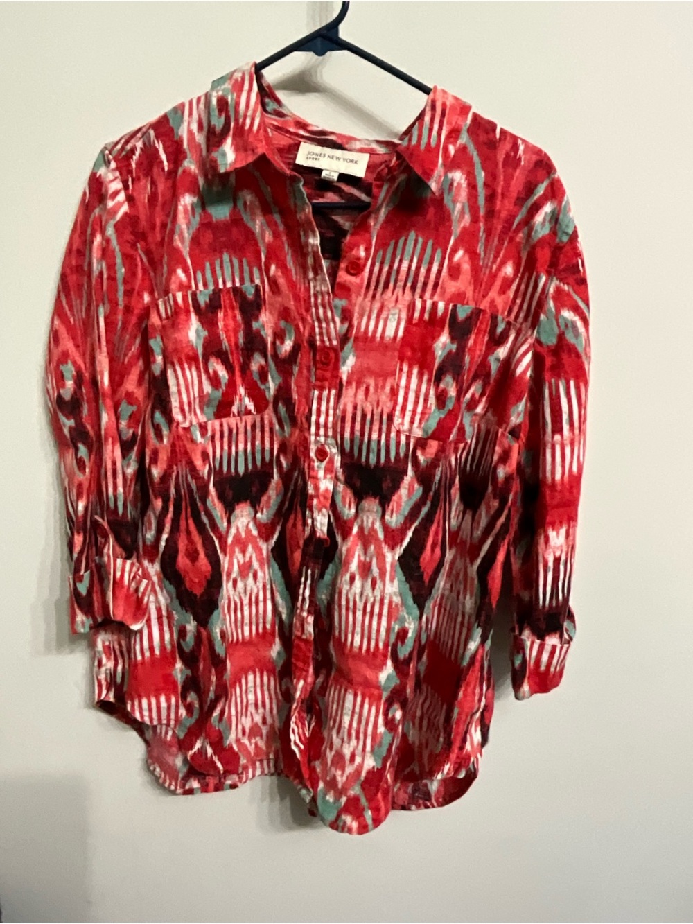 Jones New York Red Ikat-Style Button-Down Blouse